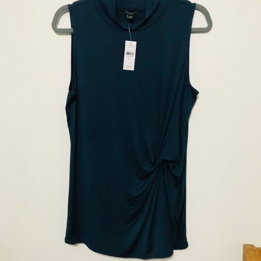 Ann Taylor factory black blouse mock neck sleeveless side front twist top size M